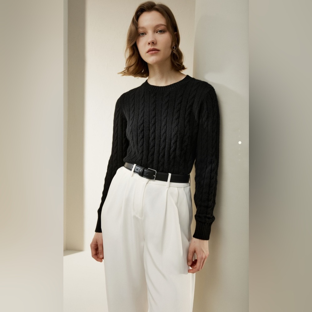 Lily Silk Black Cable Knit Crew Neck Sweater